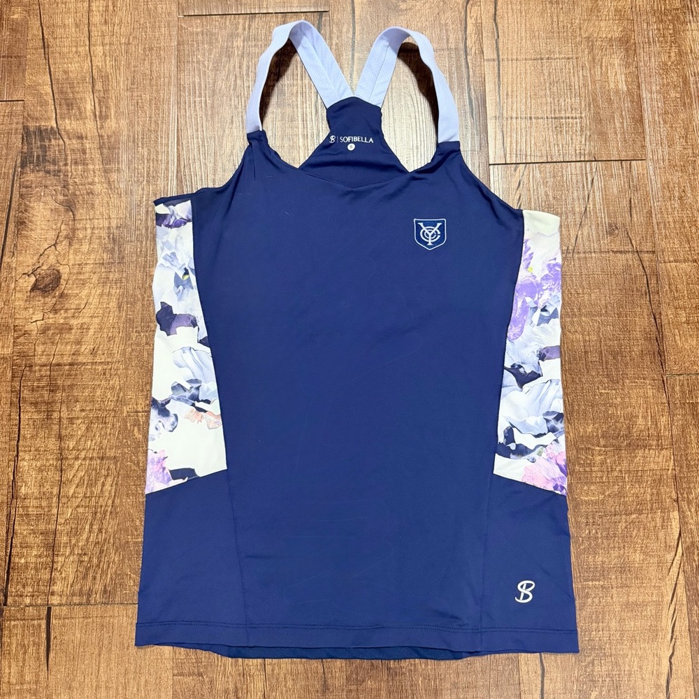 Sofibella Athletic Tank Top | Navy Floral Racerback | Built-In Bra | Size S